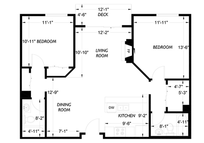 Floor plan for 2 beds, 2 baths, 1065 sqft